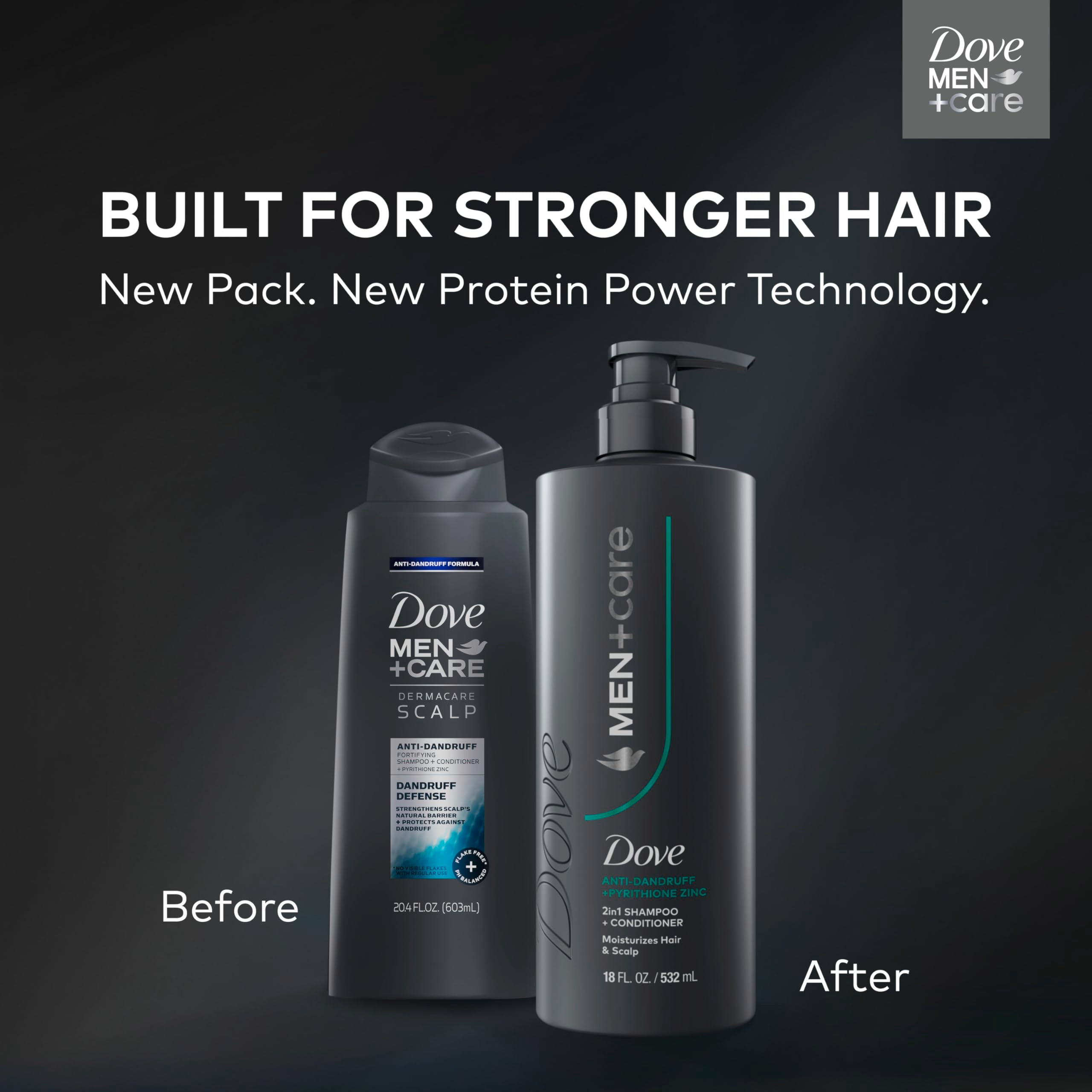 Close up of Dove Men Plus Care anti-dandruff bottle label