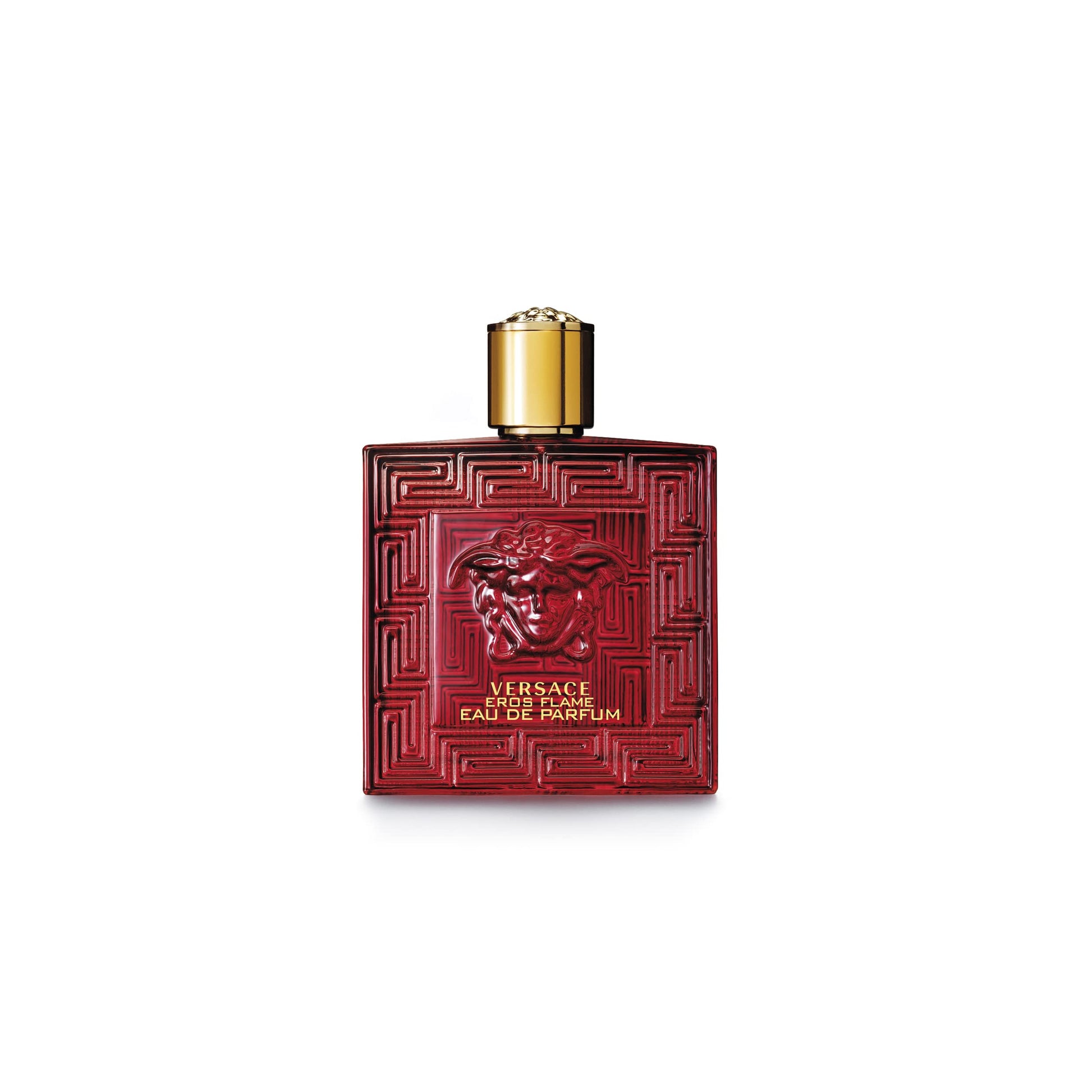 Side profile of the luxurious Versace Eros Flame 3.4 Ounce spray bottle highlighting the embossed Medusa head design