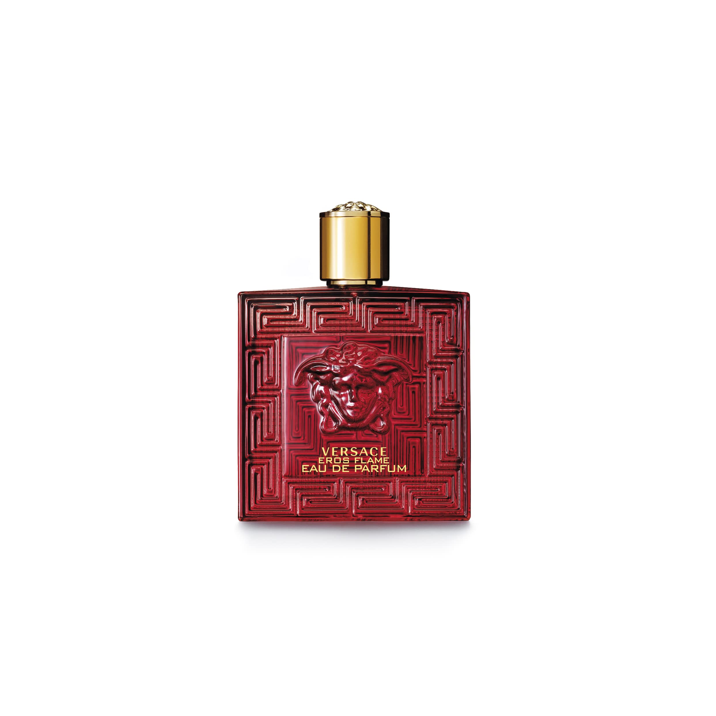 Side profile of the luxurious Versace Eros Flame 3.4 Ounce spray bottle highlighting the embossed Medusa head design