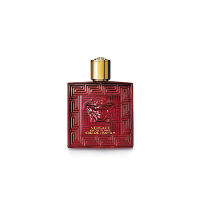 Side profile of the luxurious Versace Eros Flame 3.4 Ounce spray bottle highlighting the embossed Medusa head design