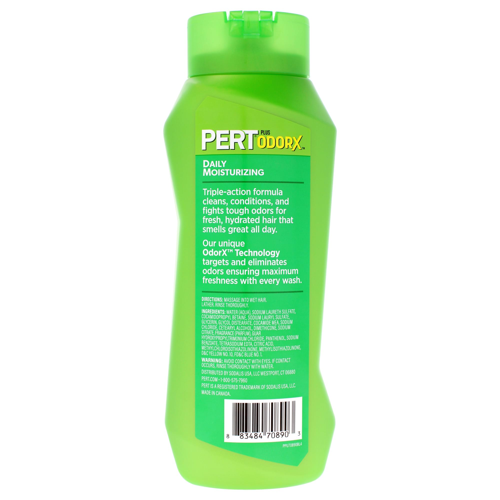 USA imported Pert daily moisturizing two in one shampoo and conditioner bottle showing triple action formula details