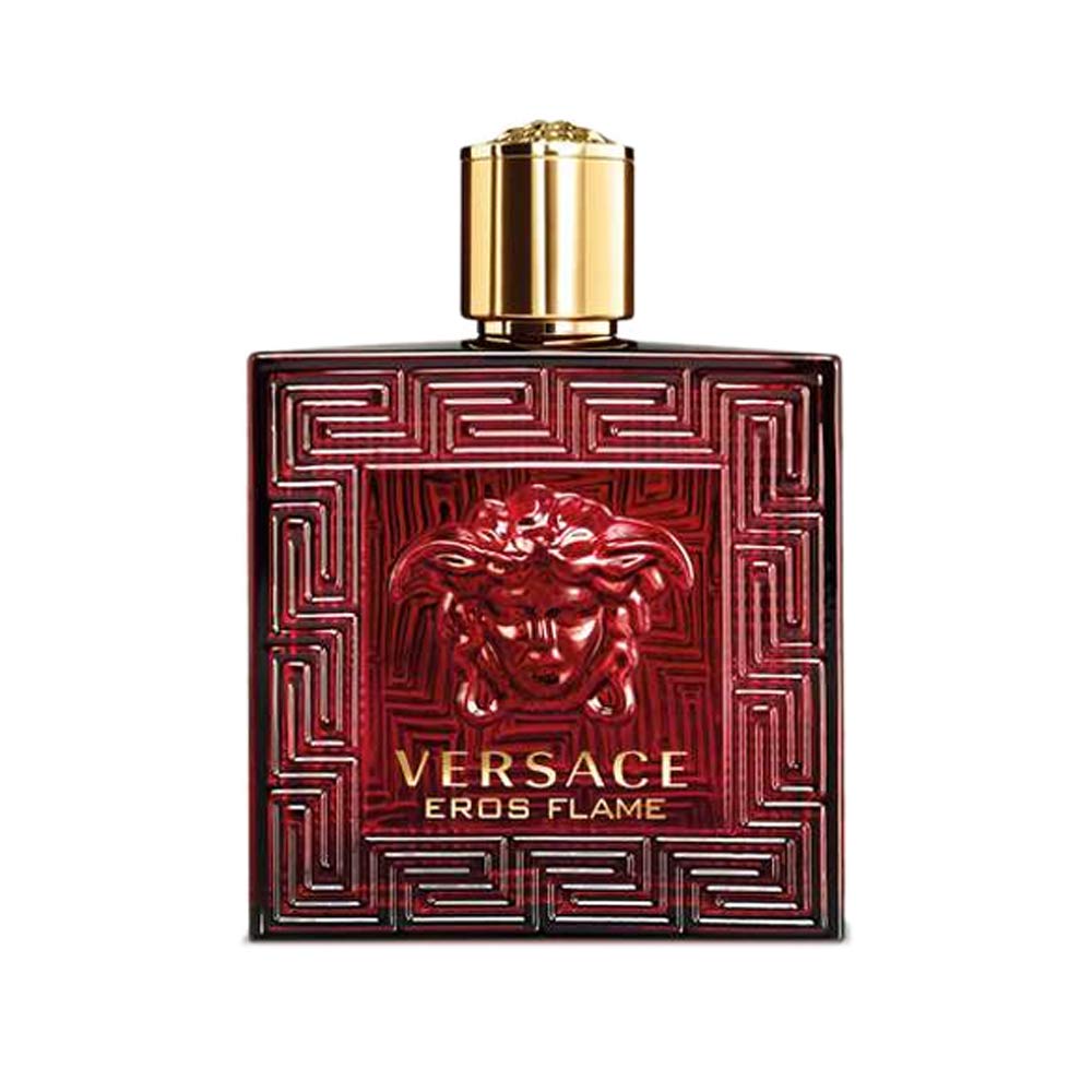 Authentic Versace Eros Flame Eau De Parfum natural spray nozzle and metallic gold cap close up view