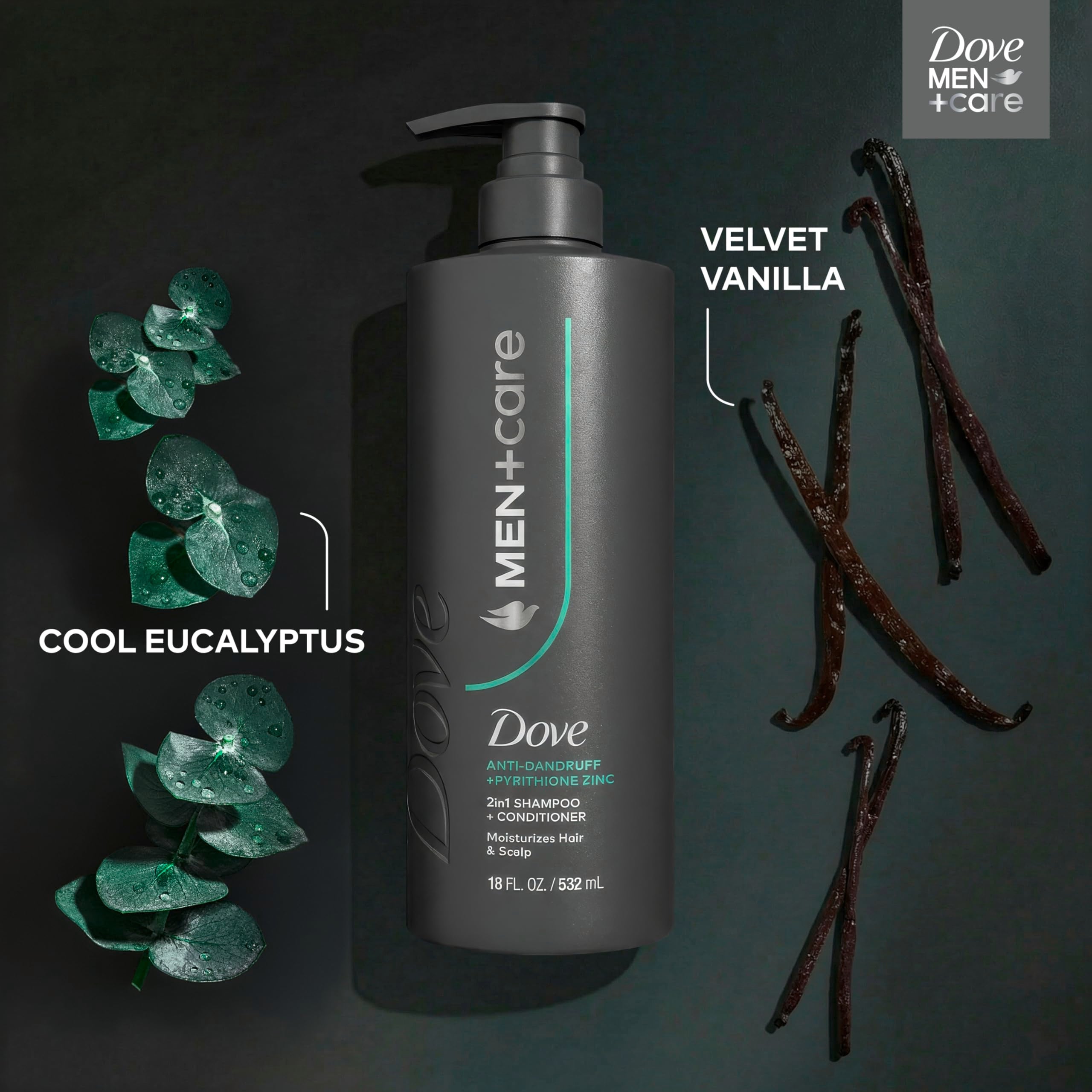 Top cap of Dove Men Plus Care shampoo and conditioner bottle