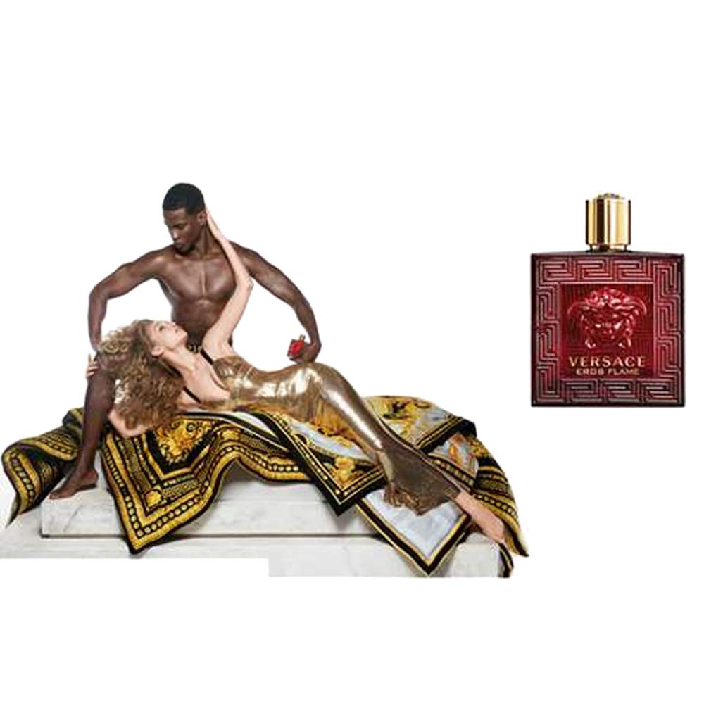 Full product display of Versace Eros Flame 100 Milliliter bottle standing next to its original retail box
