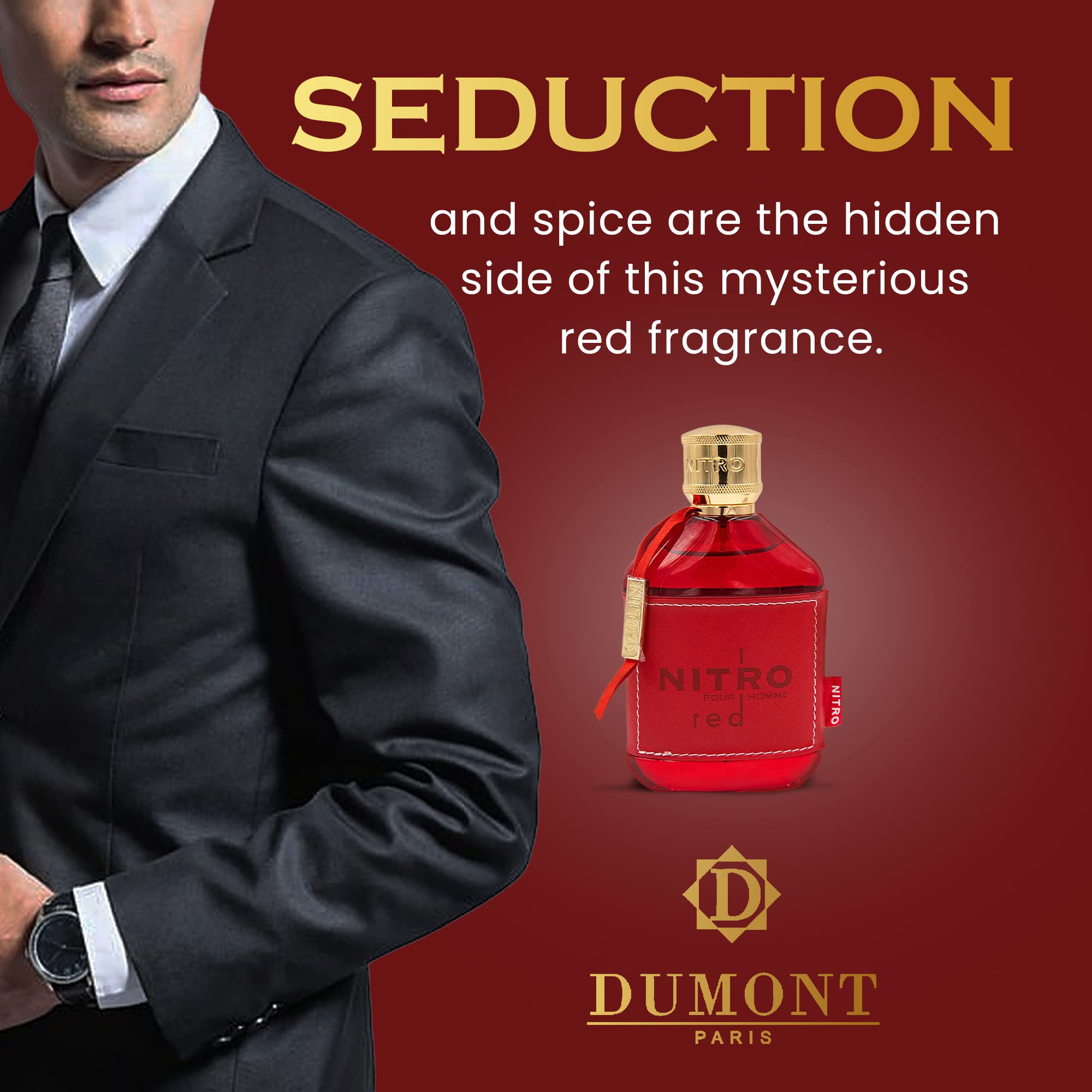 Dumont Nitro Red men perfume packaging box with gold metallic accents