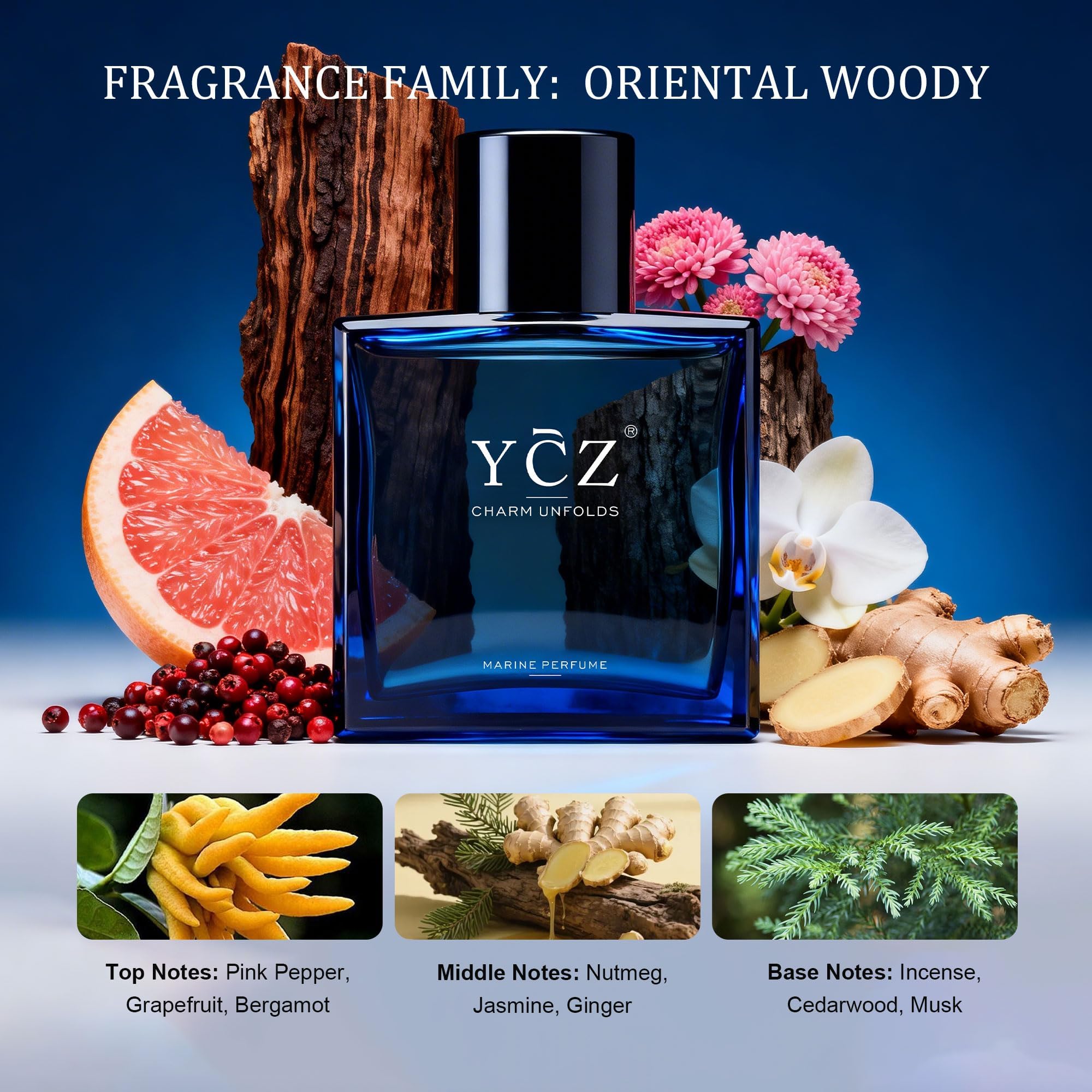 Ycz Charm Unfolds Marine Eau De Parfum clean aesthetic display on a solid surface