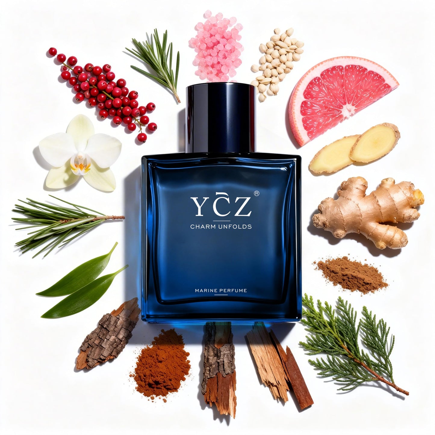 Ycz luxury grooming collection showing the deep blue marine perfume theme