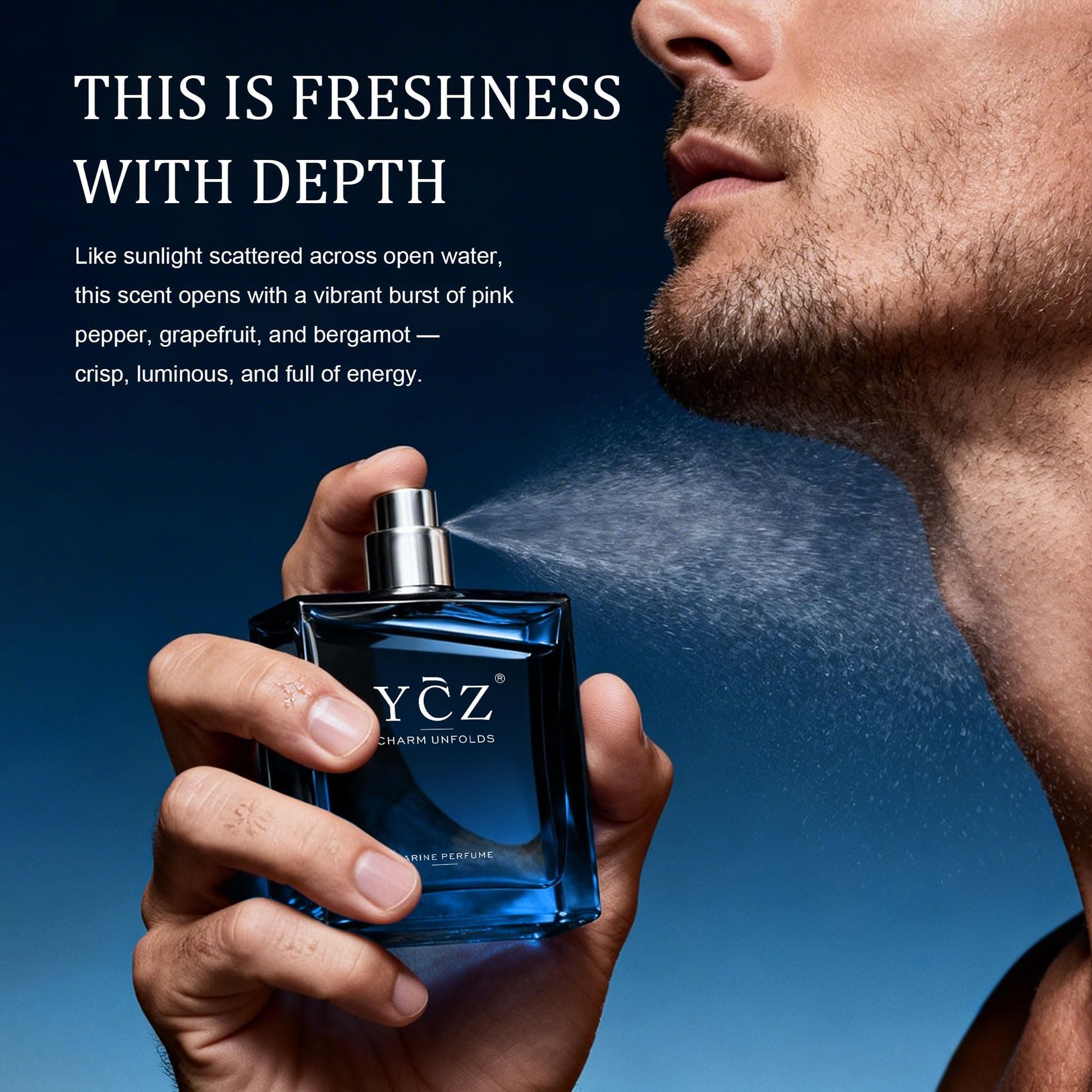 Ycz 1.7 ounce men's perfume bottle being held to demonstrate product size