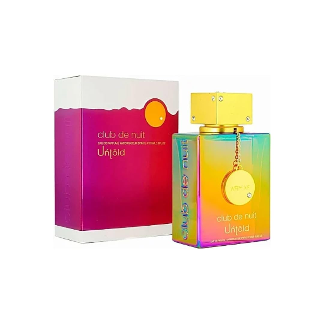 Armaf Club De Nuit Untold packaging box alongside the luxurious rainbow colored unisex fragrance spray bottle