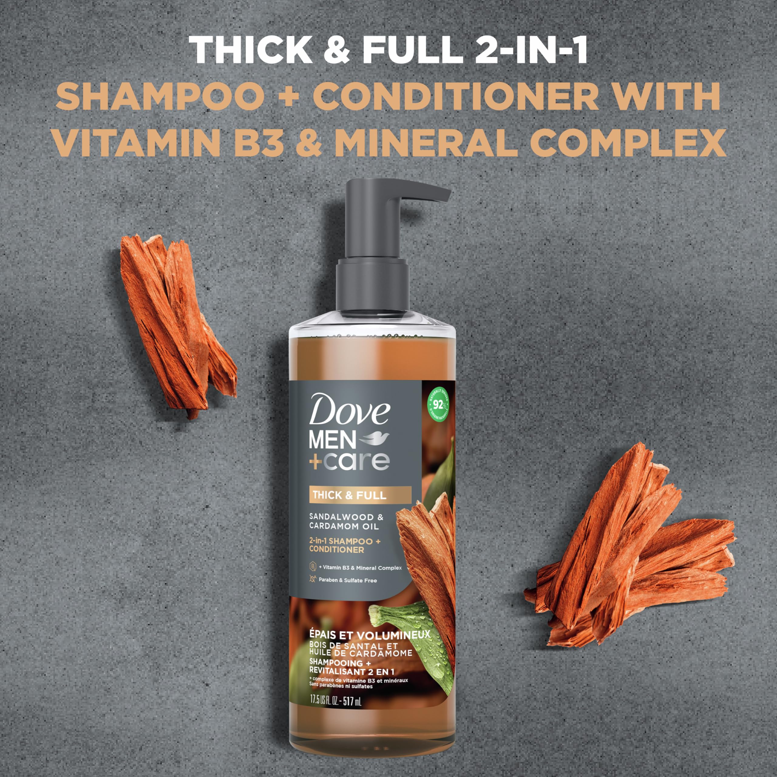 Side view of Dove Men Plus Care sandalwood and cardamom shampoo bottle