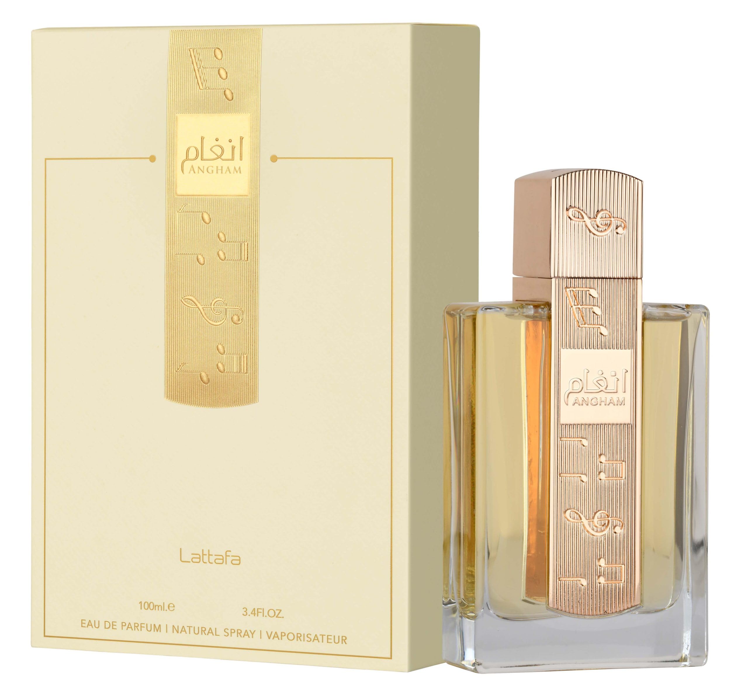 Lattafa Angham unisex long lasting perfume spray package box and glass bottle displayed on a clean surface.