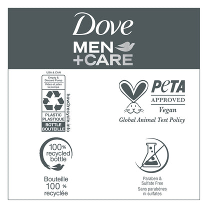 Product shot of Dove Men Plus Care 17.5 fluid ounce bottle on neutral background