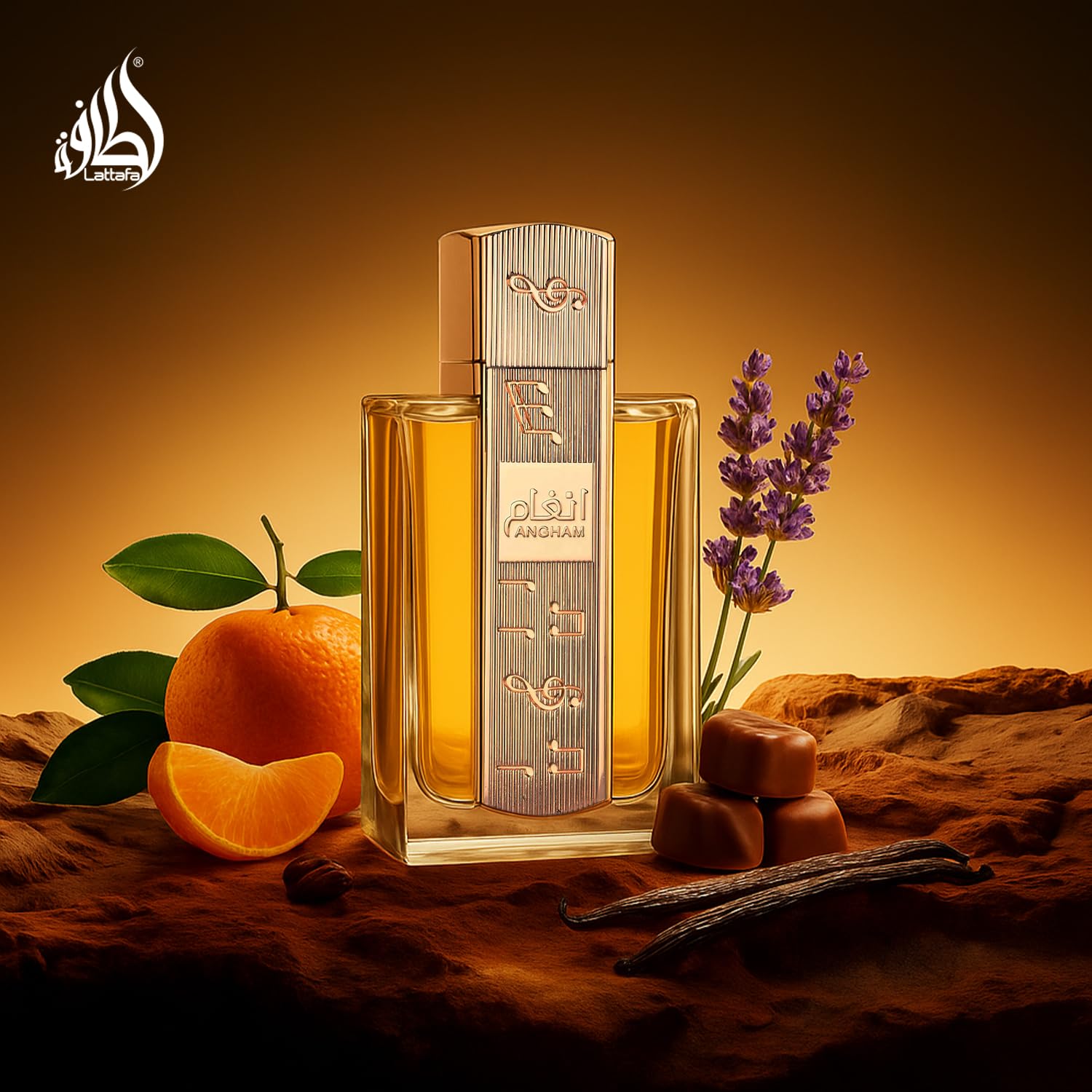Lattafa Angham Eau De Parfum retail box packaging displaying product details and volume specifications.