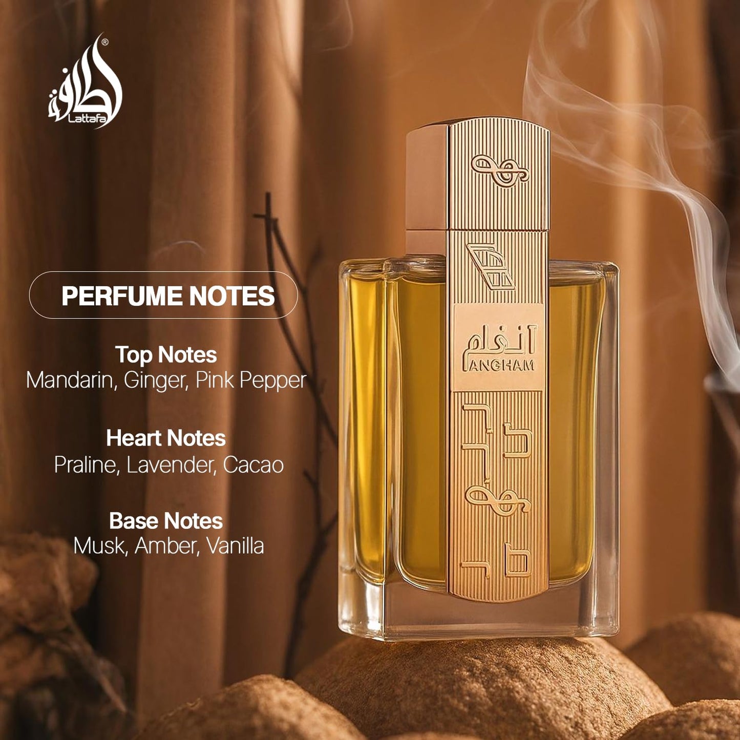 Side angle view of the premium Lattafa Angham unisex fragrance bottle highlighting the thick luxury glass construction.