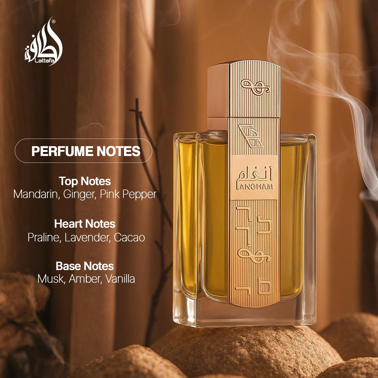 Side angle view of the premium Lattafa Angham unisex fragrance bottle highlighting the thick luxury glass construction.
