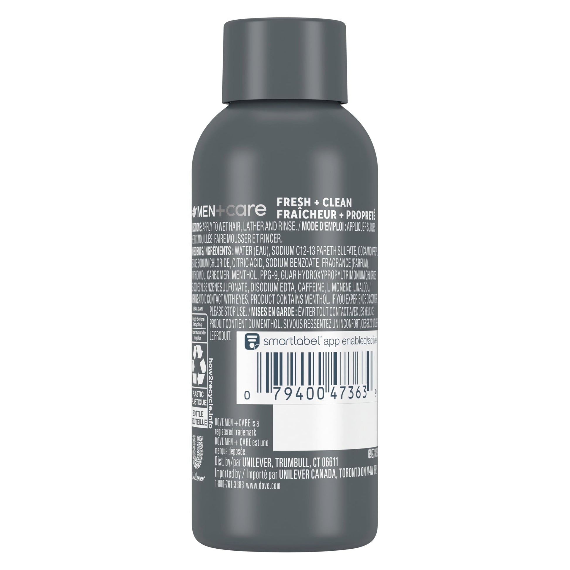 Close up of Dove Men Plus Care fortifying 2 in 1 formula bottle