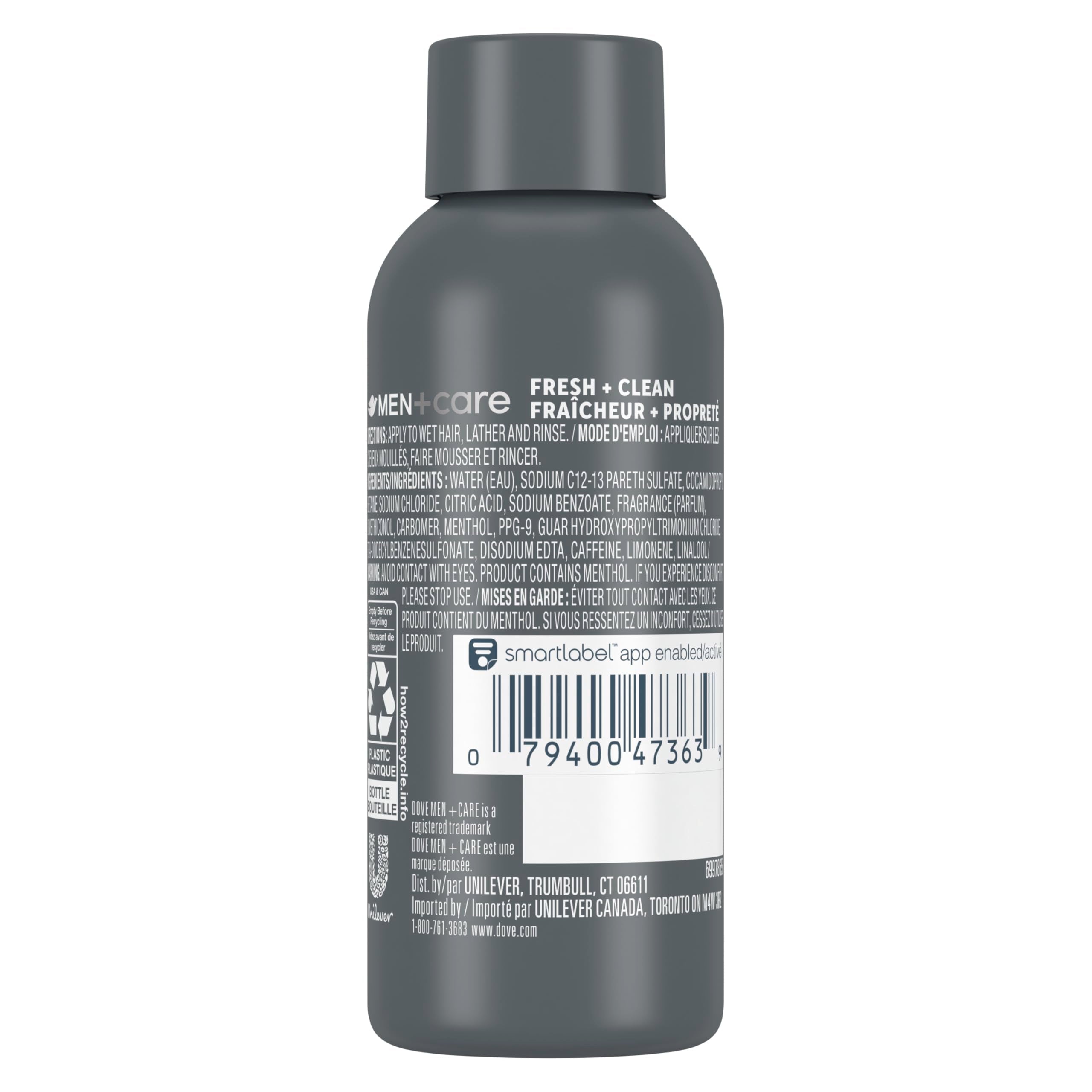 Close up of Dove Men Plus Care fortifying 2 in 1 formula bottle