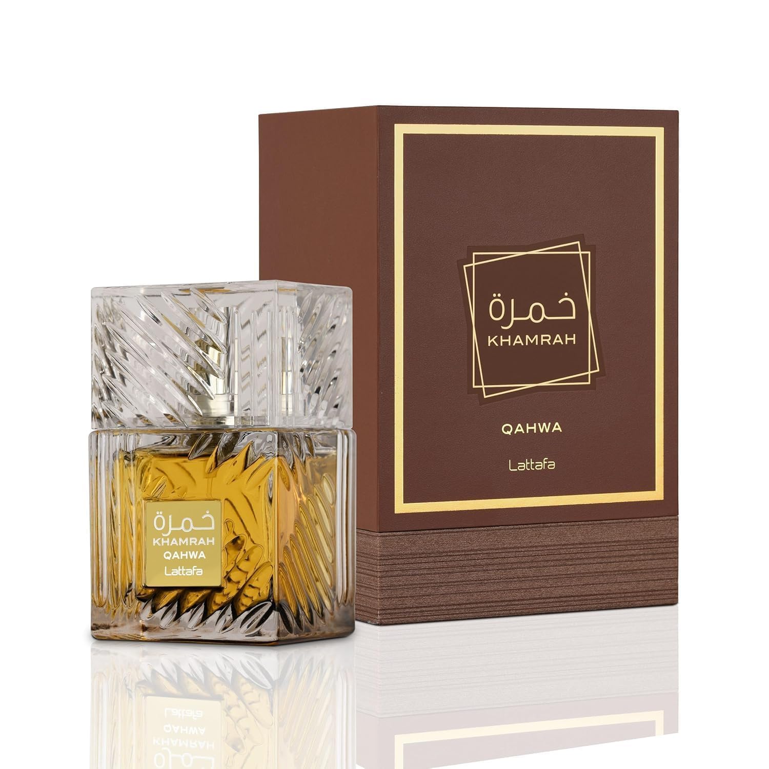 Lattafa Khamrah Qahwa unisex perfume bottle angled shot revealing the amber colored liquid inside.
