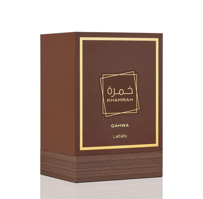 Lattafa Khamrah Qahwa packaging box showing original brand seal and premium textured cardboard surface.