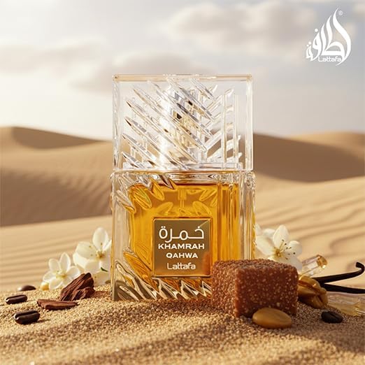 Lattafa Khamrah Qahwa perfume atomiser close up view emphasizing premium build quality.