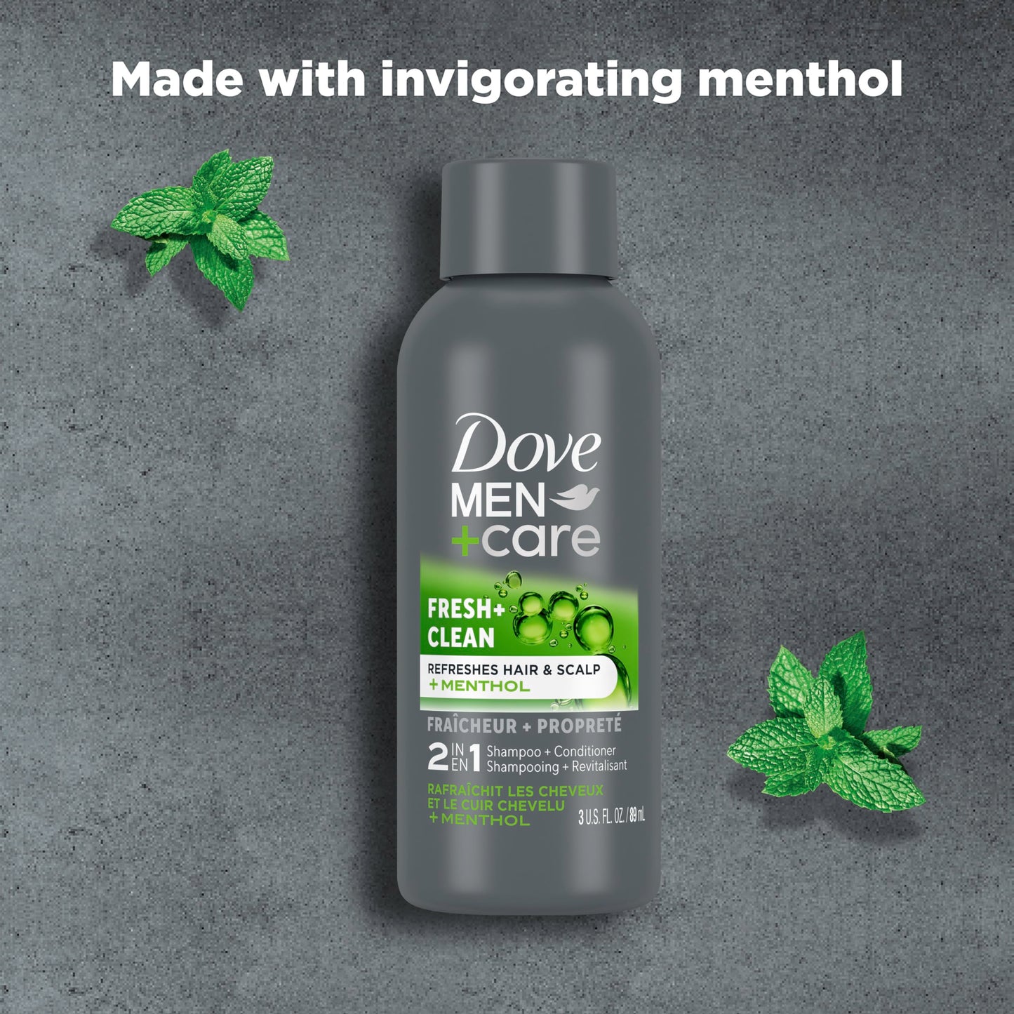 Side profile of Dove Men Plus Care shampoo and conditioner travel size