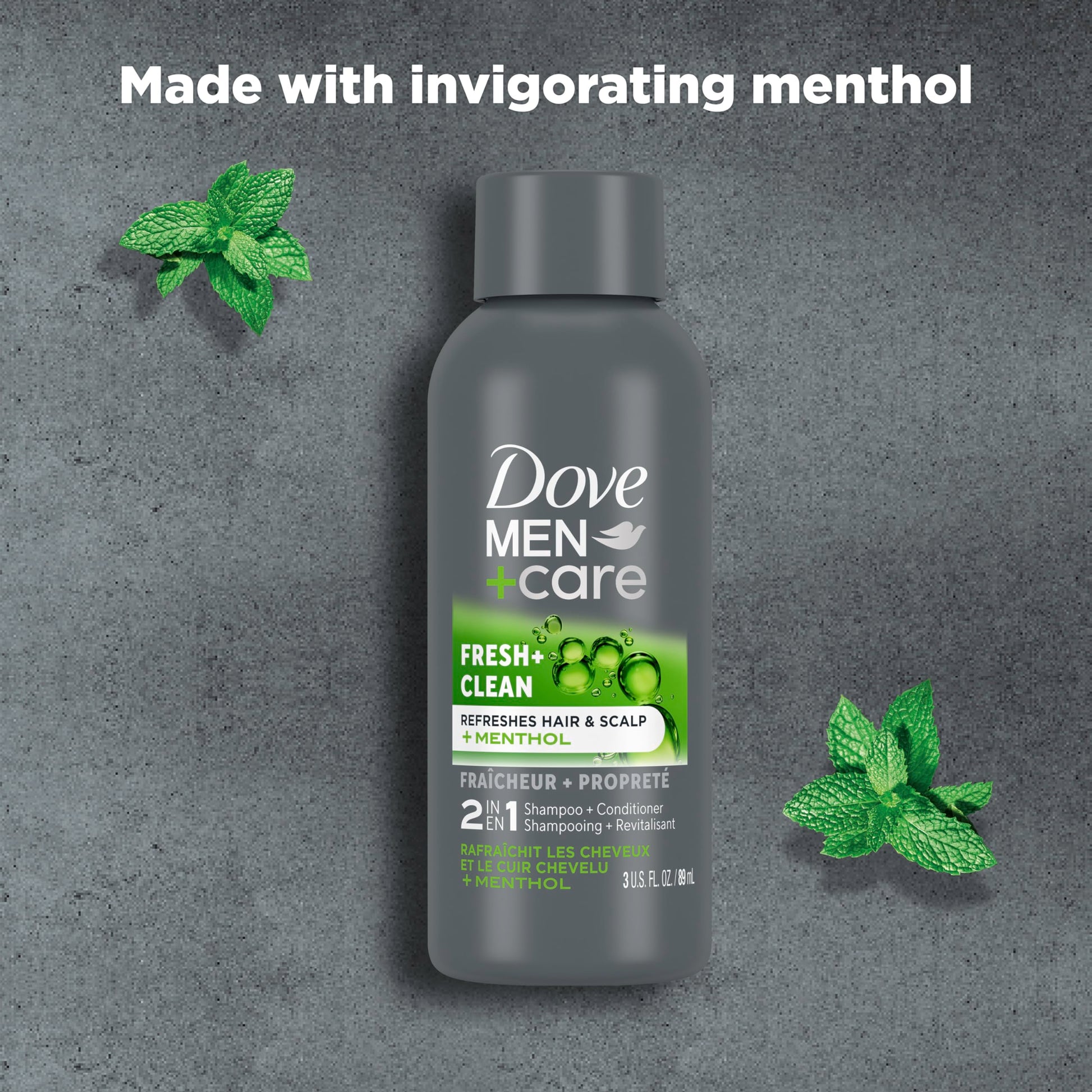 Side profile of Dove Men Plus Care shampoo and conditioner travel size