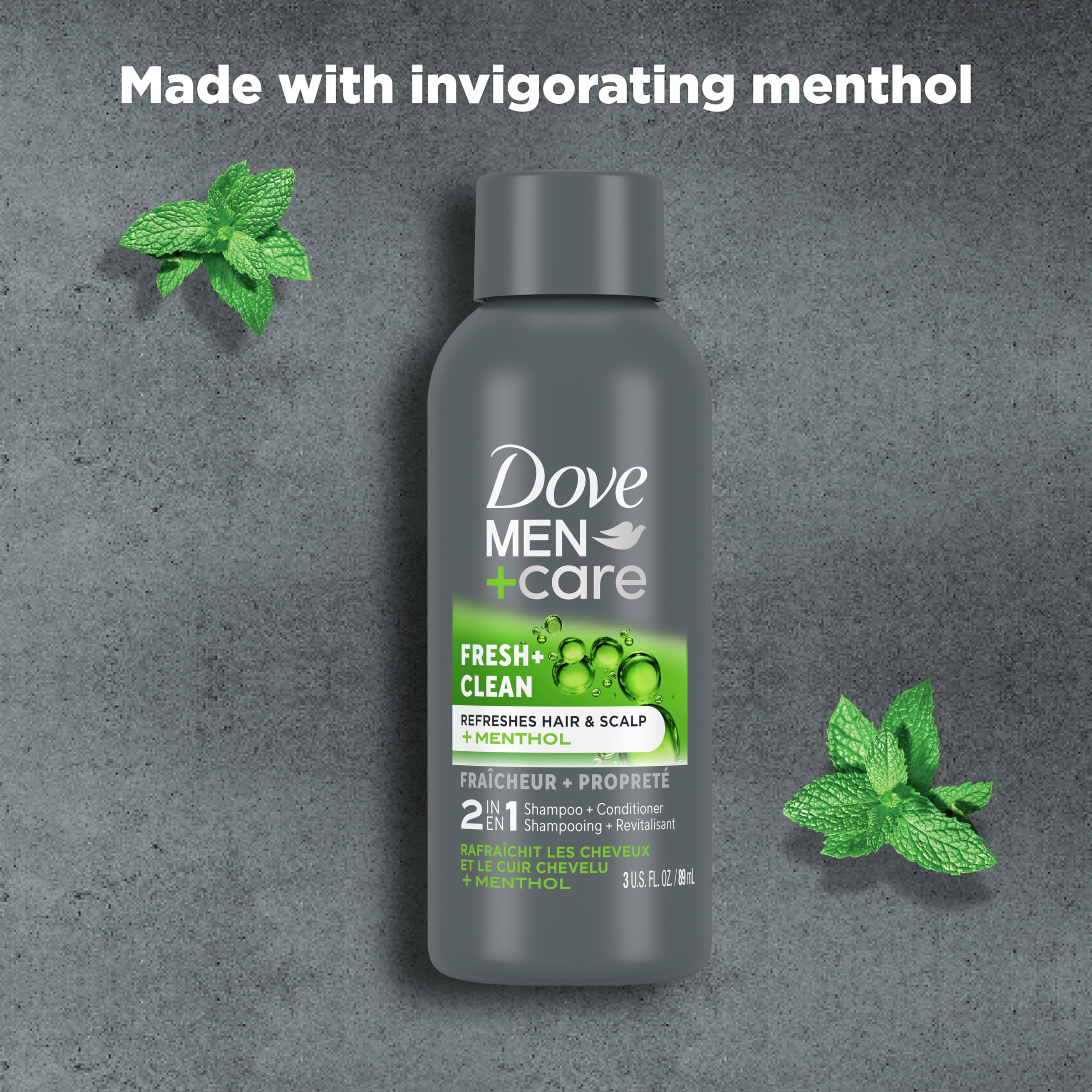 Side profile of Dove Men Plus Care shampoo and conditioner travel size
