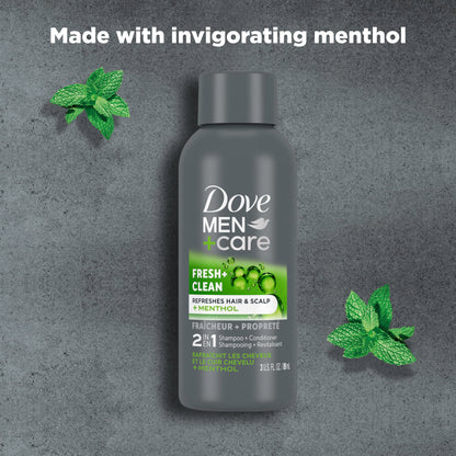 Side profile of Dove Men Plus Care shampoo and conditioner travel size