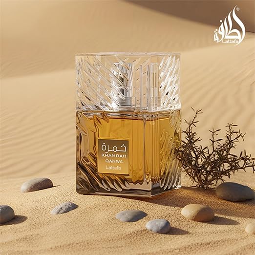 Lattafa Khamrah Qahwa 100ml heavy glass bottom bottle base showing batch code sticker details.