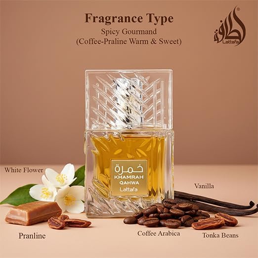 Lattafa Khamrah Qahwa long lasting perfume bottle displayed on a vanity counter next to luxury accessories.