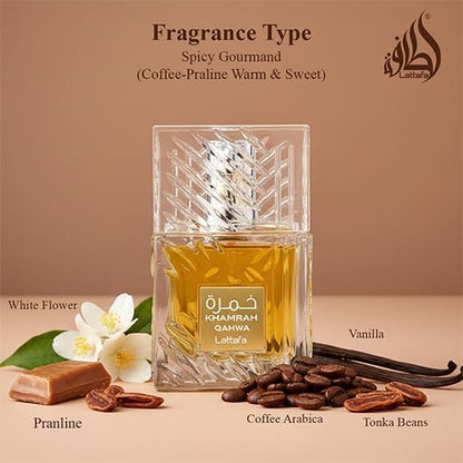 Lattafa Khamrah Qahwa long lasting perfume bottle displayed on a vanity counter next to luxury accessories.