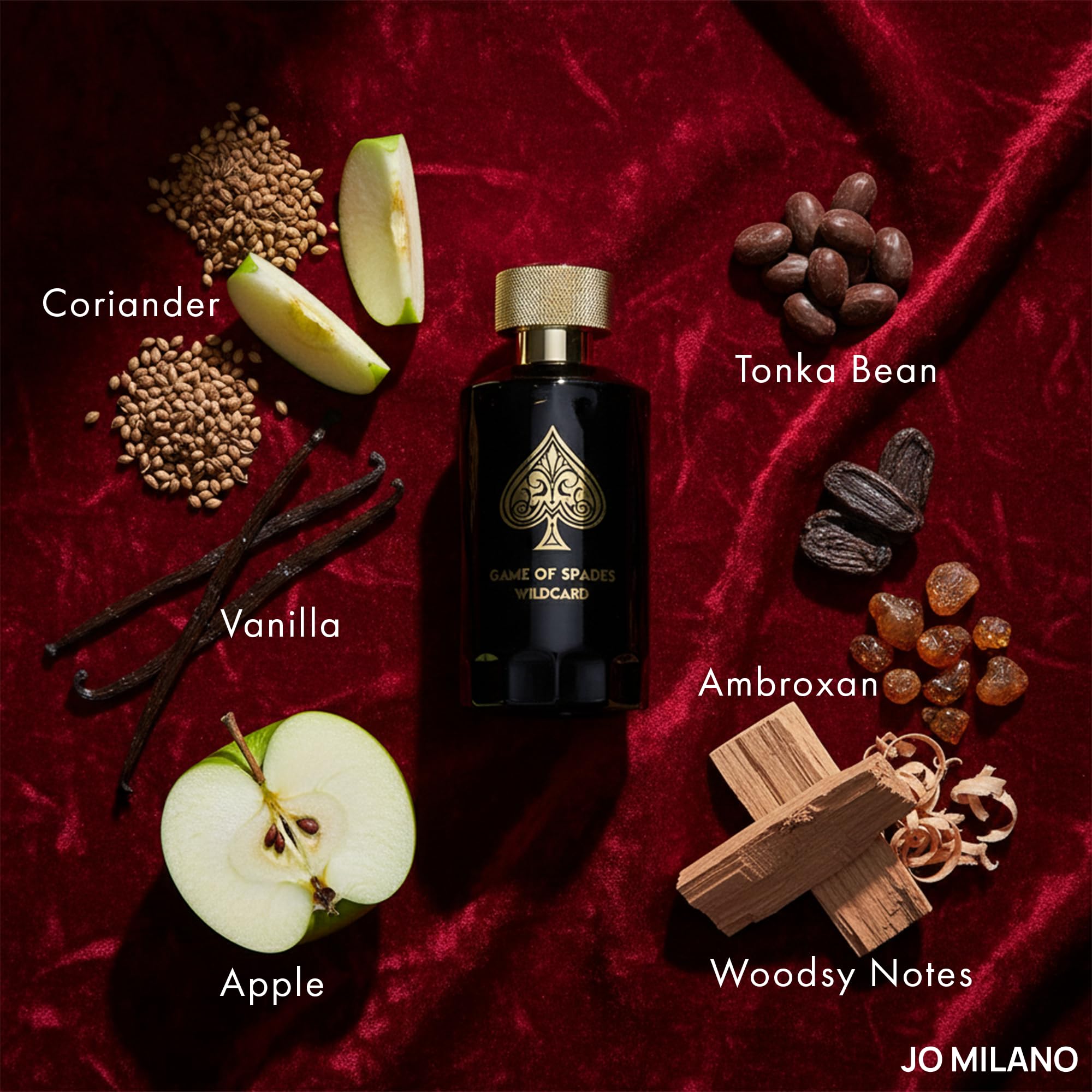 Side profile of Jo Milano Game of Spades Wildcard 100ml bottle illustrating the sleek heavy glass craftsmanship.