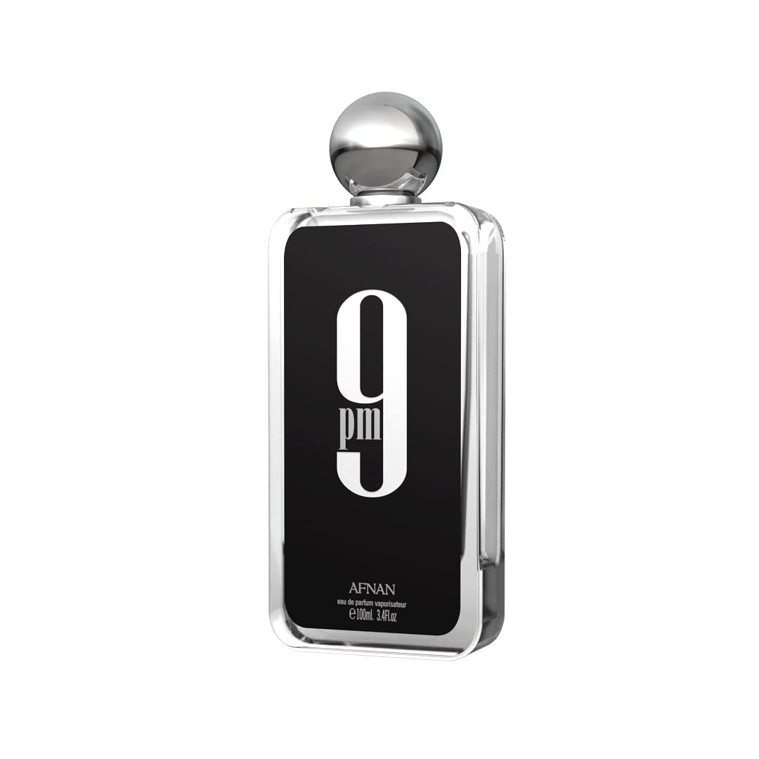 Afnan 9 PM Edition perfume bottle angled view showcasing the metallic silver cap.