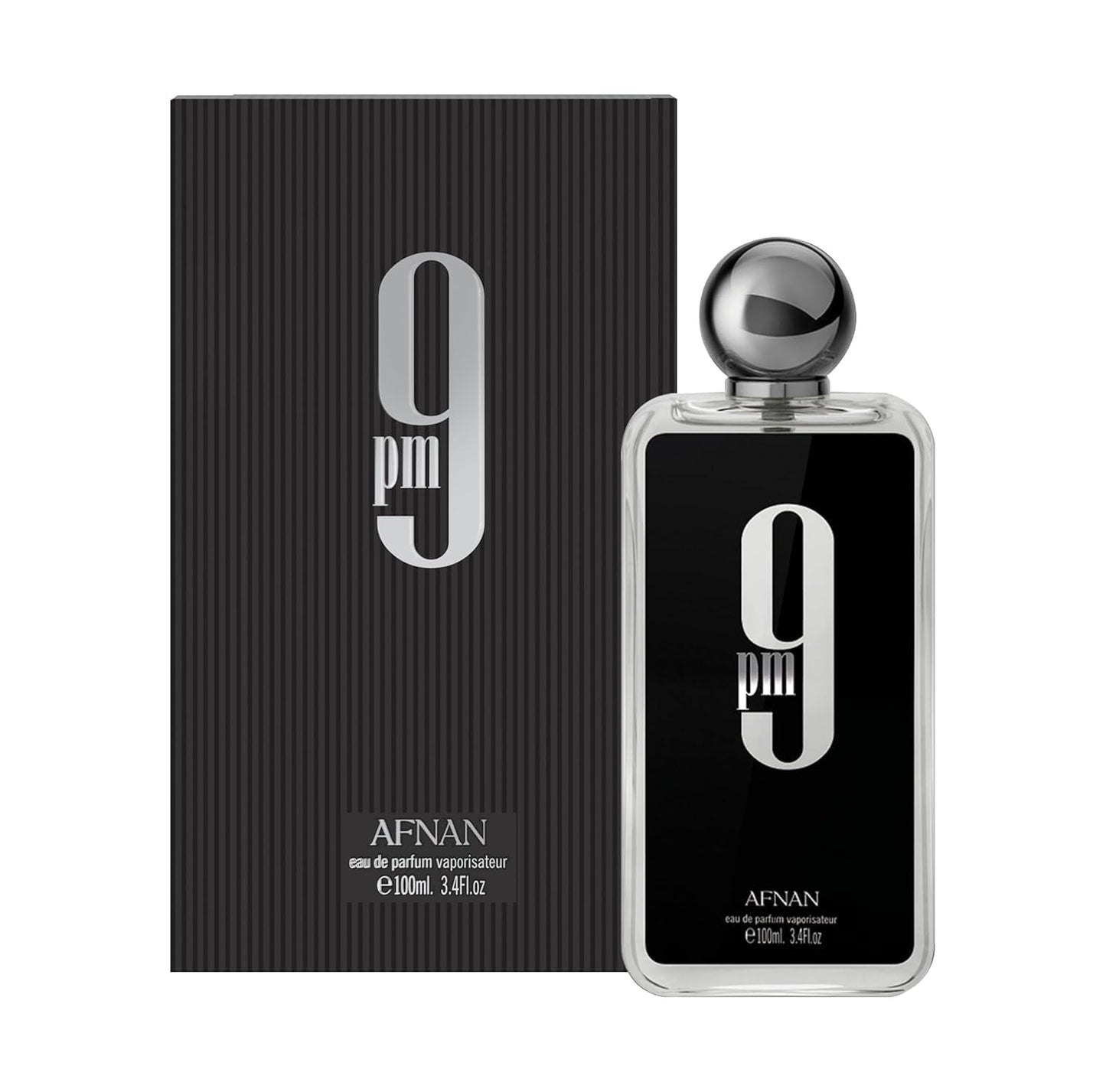 Authentic Afnan 9 PM Eau De Parfum retail packaging box with distinct typography.