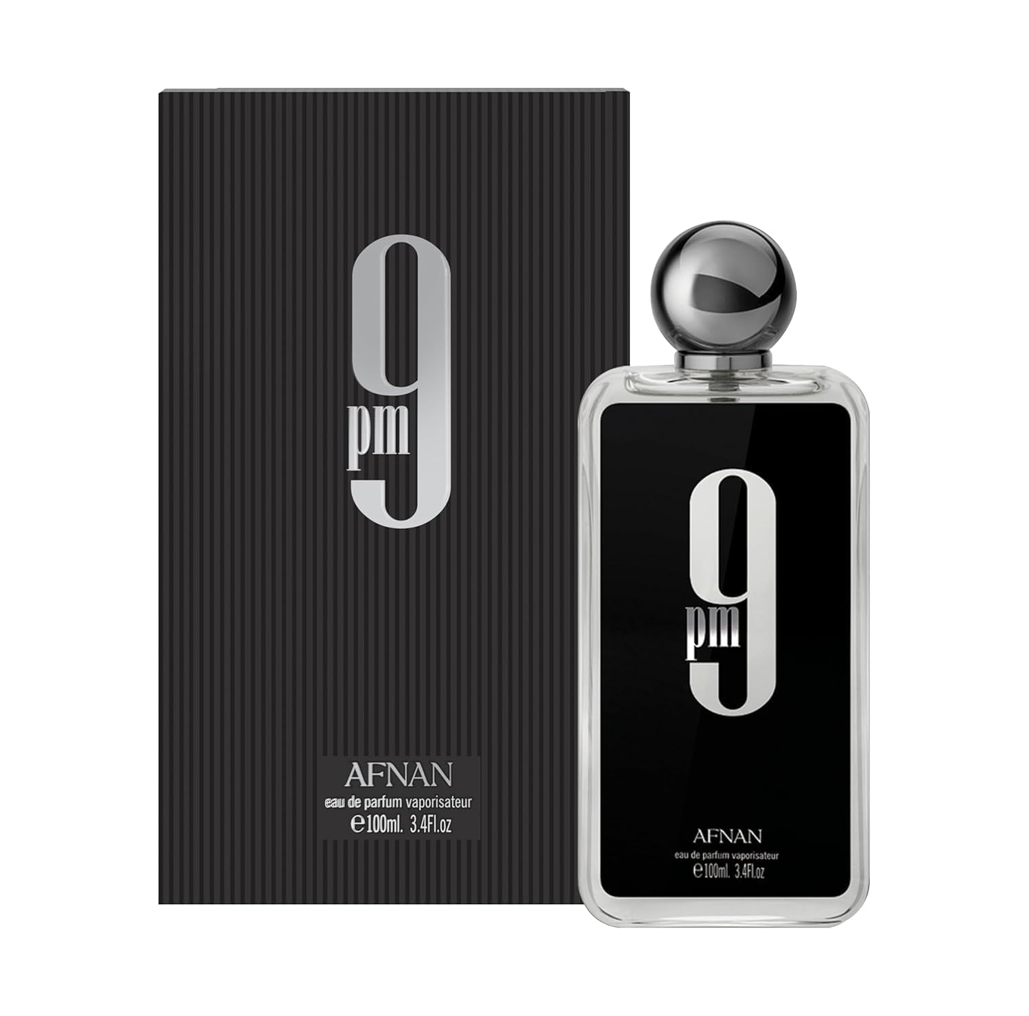 Authentic Afnan 9 PM Eau De Parfum retail packaging box with distinct typography.