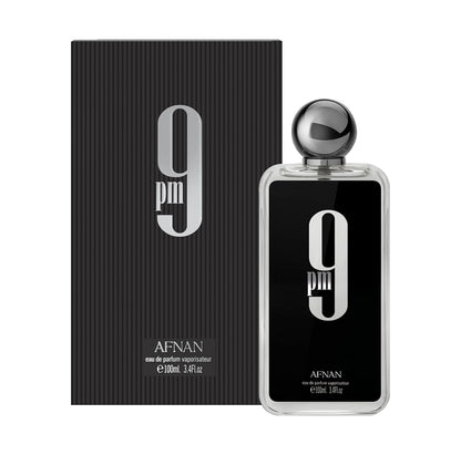 Authentic Afnan 9 PM Eau De Parfum retail packaging box with distinct typography.