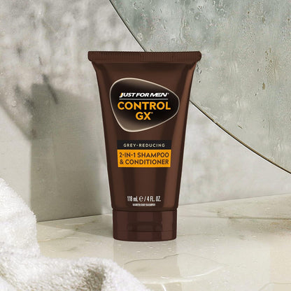 Just For Men Control GX shampoo being used in a bathroom setting