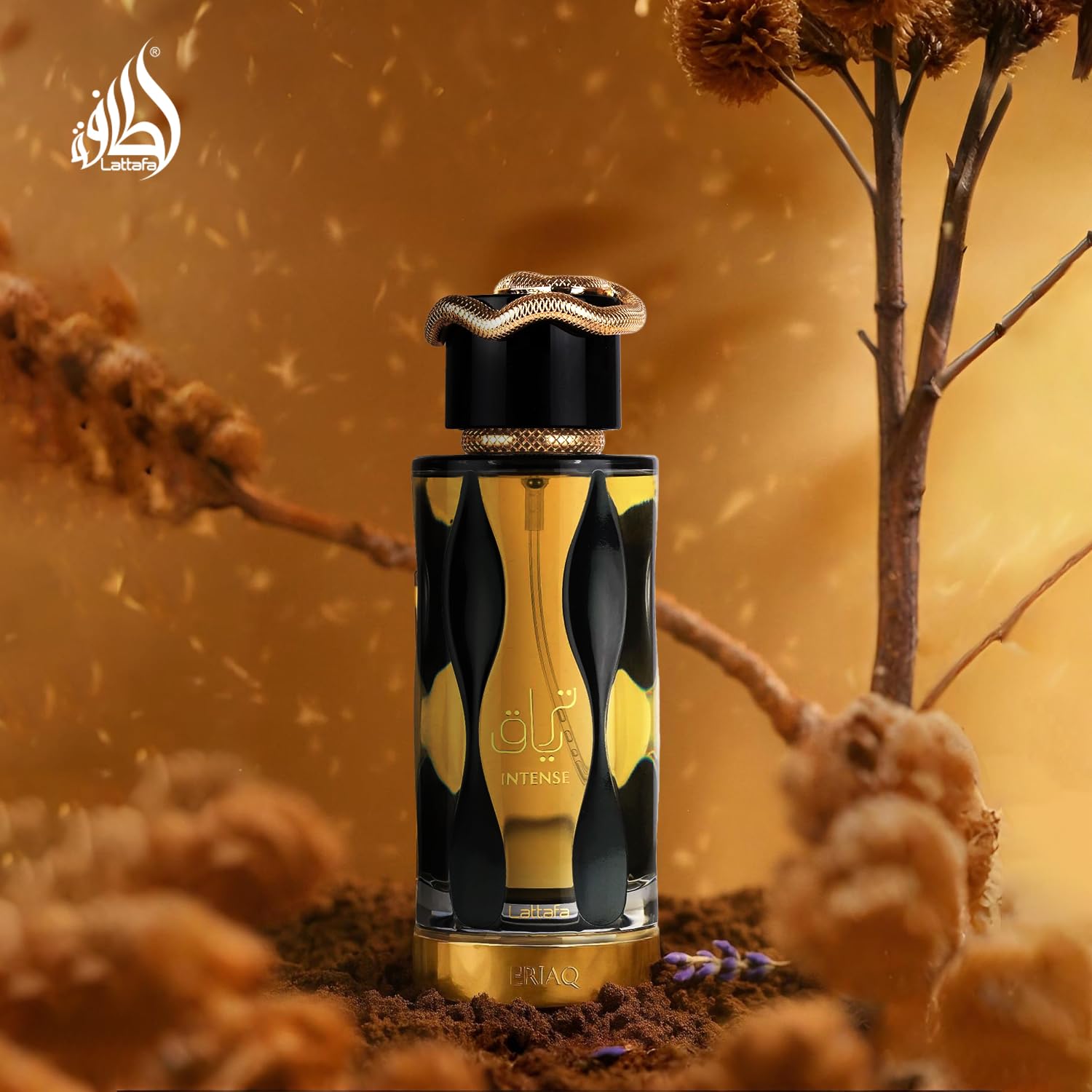 Lattafa Teriaq Intense oriental spicy fragrance bottle displaying the intricate golden design