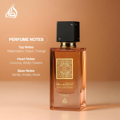 Lattafa Ana Abiyedh Coral 60ml bottle unboxed resting on a stylish decorative vanity display.