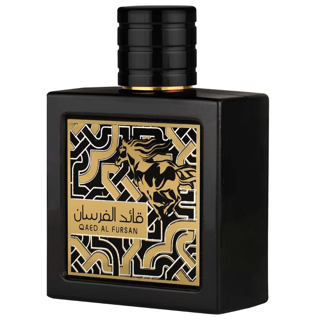 Close up view of the golden Arabic calligraphy on the Lattafa Qaed Al Fursan perfume bottle