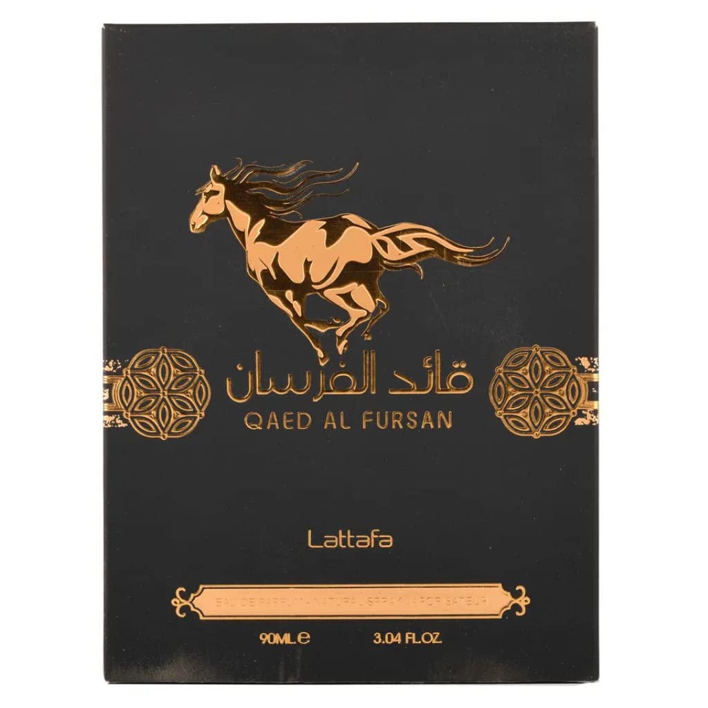 Side angle of the authentic Lattafa Qaed Al Fursan luxury unisex fragrance bottle