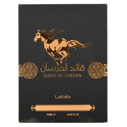 Side angle of the authentic Lattafa Qaed Al Fursan luxury unisex fragrance bottle