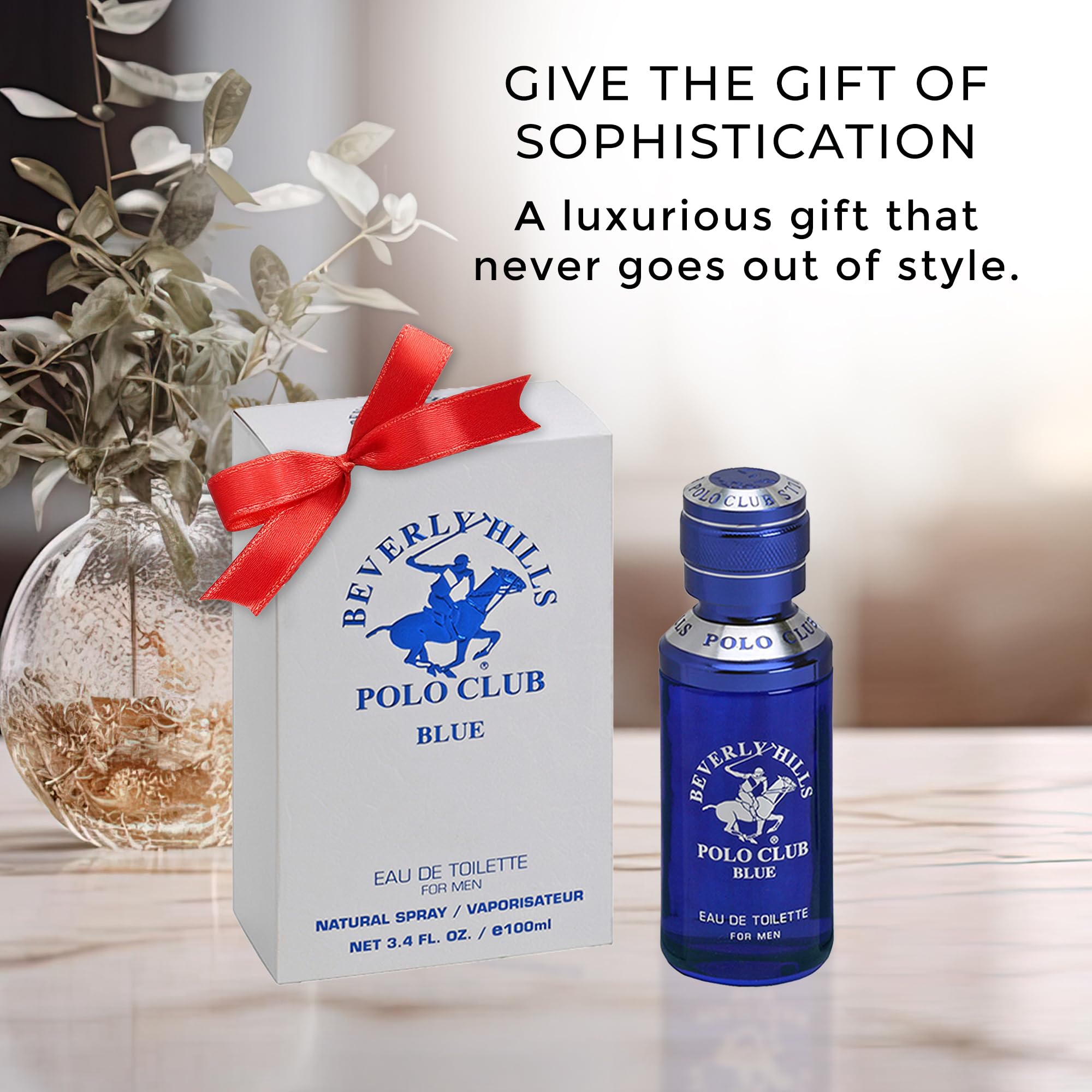 Beverly Hills Polo Club Blue premium packaging box with red ribbon accent