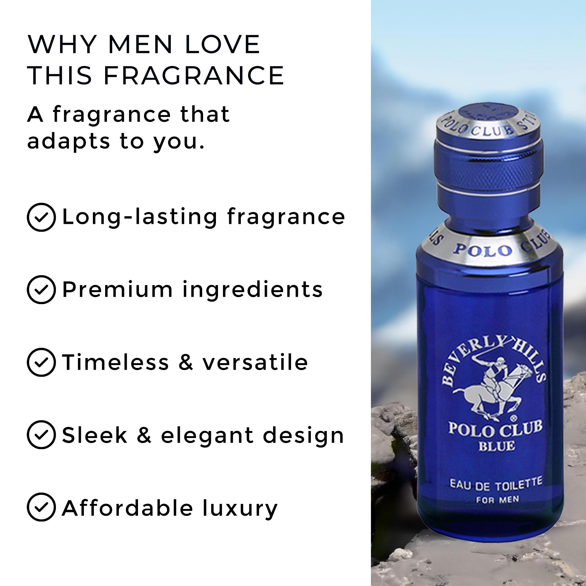 Beverly Hills Polo Club Blue oceanic men's fragrance display next to product box