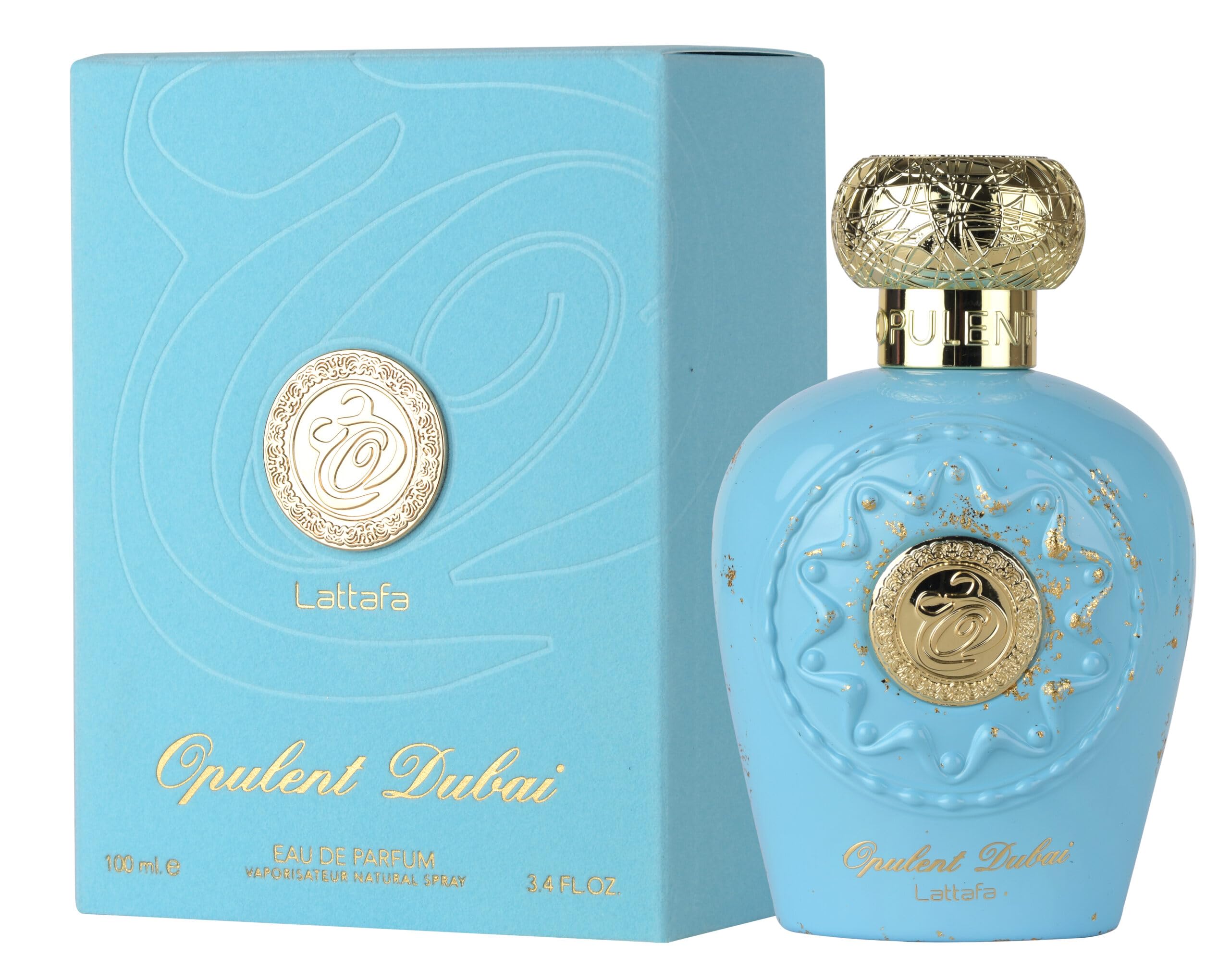 Lattafa Opulent Dubai unisex long lasting premium Arabian perfume bottle with gold cap.