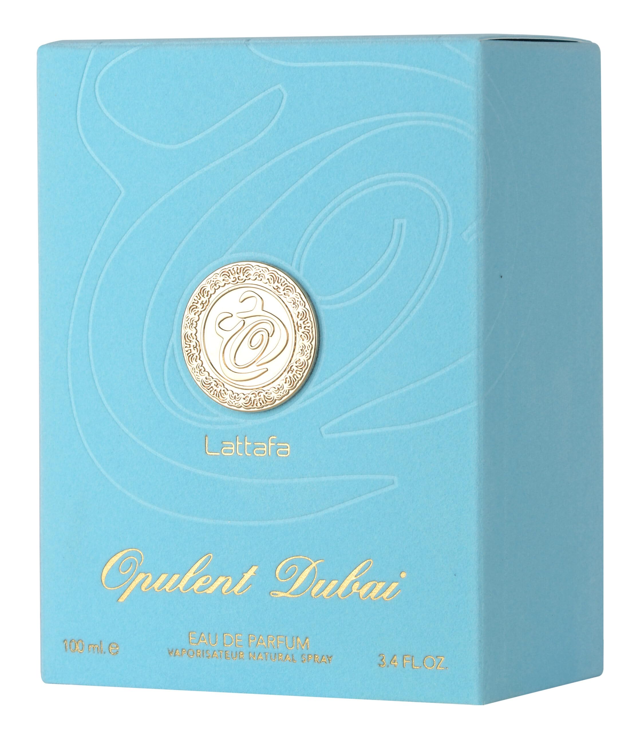 Authentic Lattafa Opulent Dubai tropical citrus and woody unisex fragrance packaging.