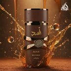Close up of Lattafa Asad Bourbon luxury black and gold perfume bottle