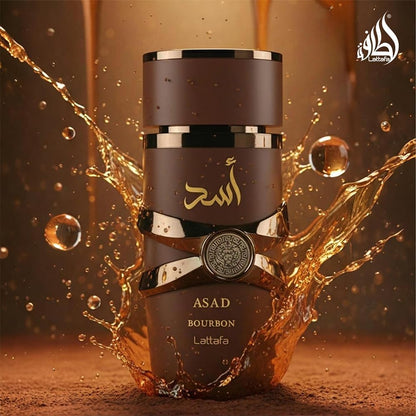 Close up of Lattafa Asad Bourbon luxury black and gold perfume bottle