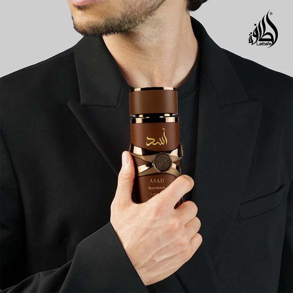 Imported Lattafa Asad Bourbon Arabian perfume spray on clean moisturized skin