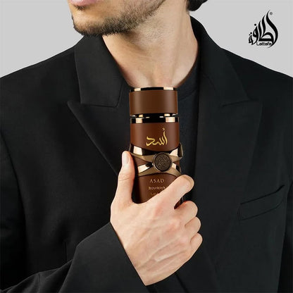 Imported Lattafa Asad Bourbon Arabian perfume spray on clean moisturized skin